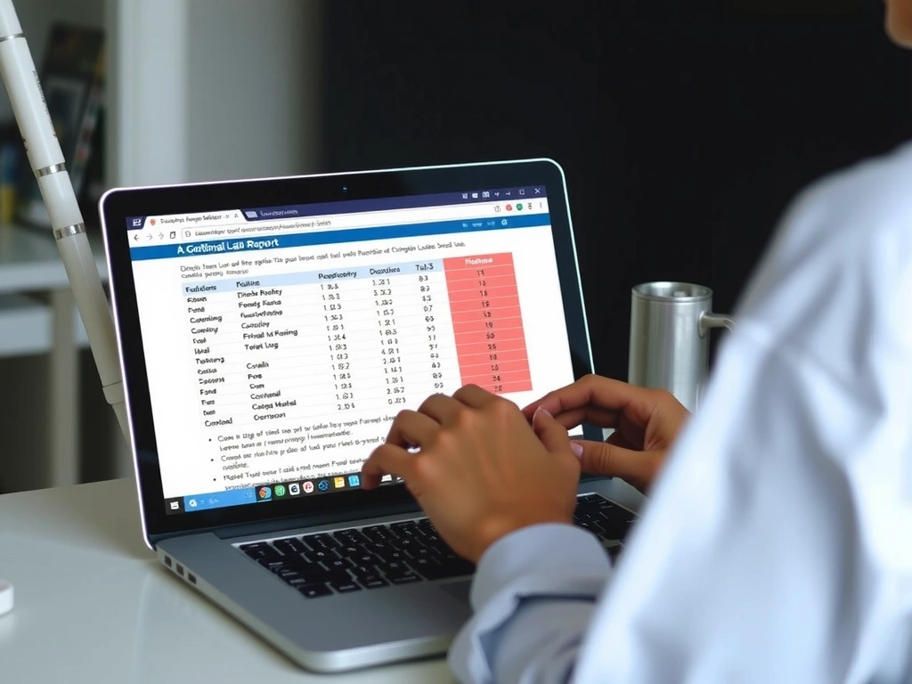 Écran d'ordinateur montrant des résultats de laboratoire avec des valeurs critiques surlignées en rouge